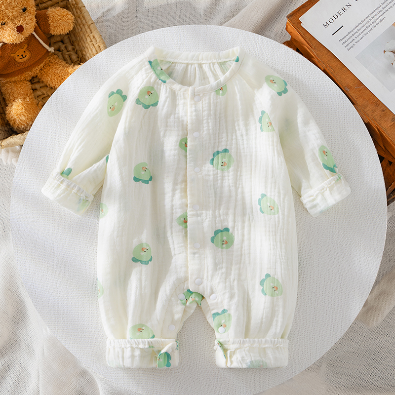 婴儿夏季纯棉长袖纱布连体衣0-1岁宝宝超萌可爱薄款衣服A类空调服