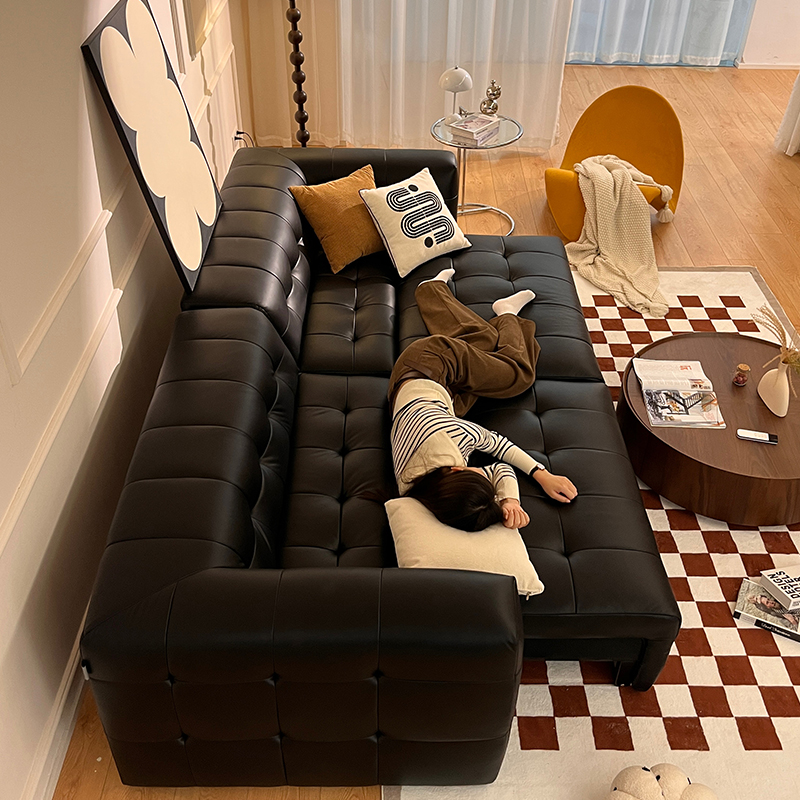 美式沙发真皮轻奢复古客厅直排组合中古黑色棉花糖电动沙发床