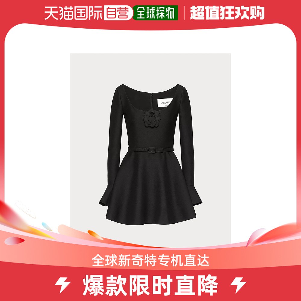 【99新未使用】香港直邮VALENTINO 女士黑色刺绣绉纱连衣裙 XB3VA