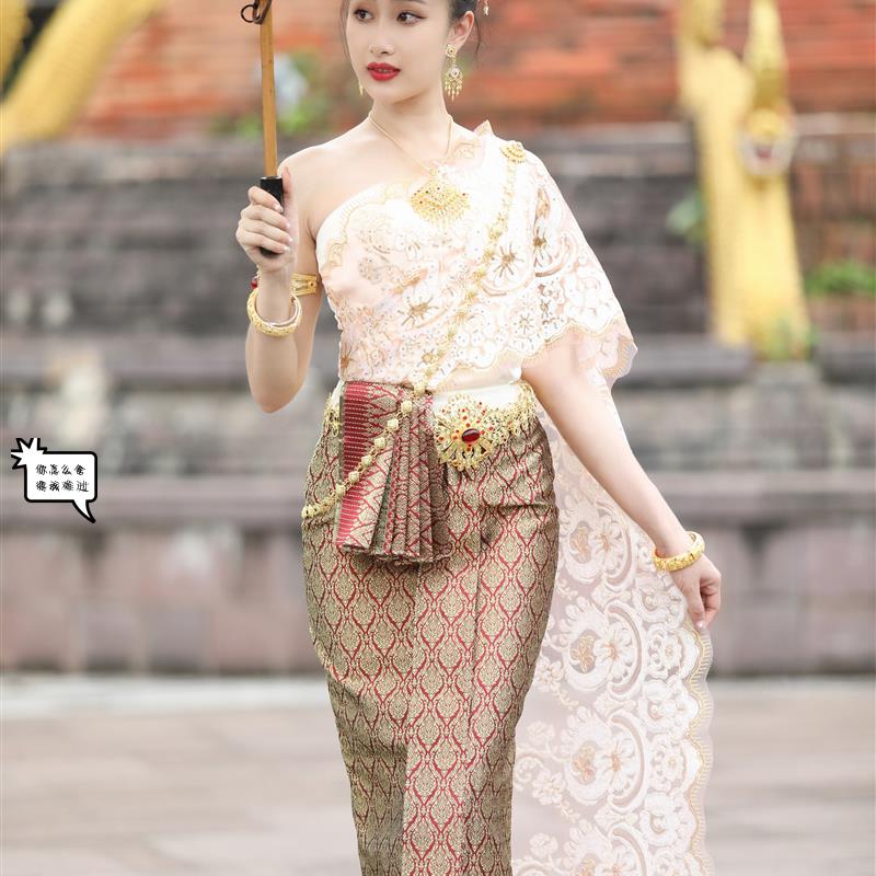 泰国民族服饰女套装传统经典泰式服斜肩开叉泰裙有披纱工作迎宾服