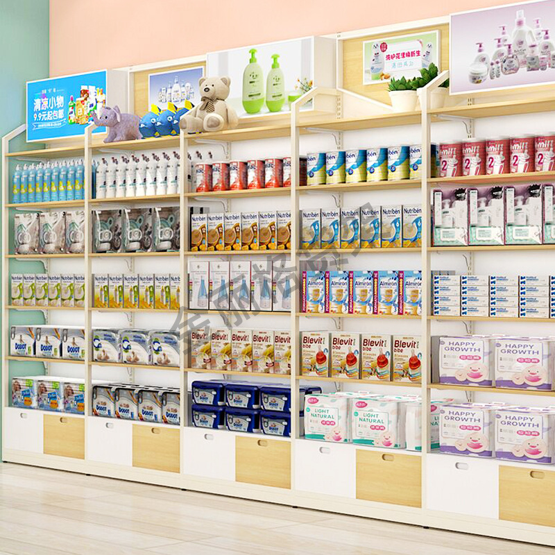 新款母婴店货架钢木展示架奶粉童装专用展示柜多功能组合双面柜子