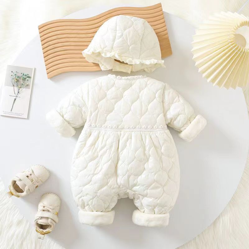 宝宝冬装新款薄棉连体衣婴儿秋装花边帽棉衣保暖满月新生婴儿哈衣