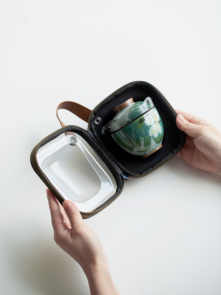 纯手绘夏荷陶瓷旅行茶具家用创意冰片釉户外便携式玻璃快客杯
