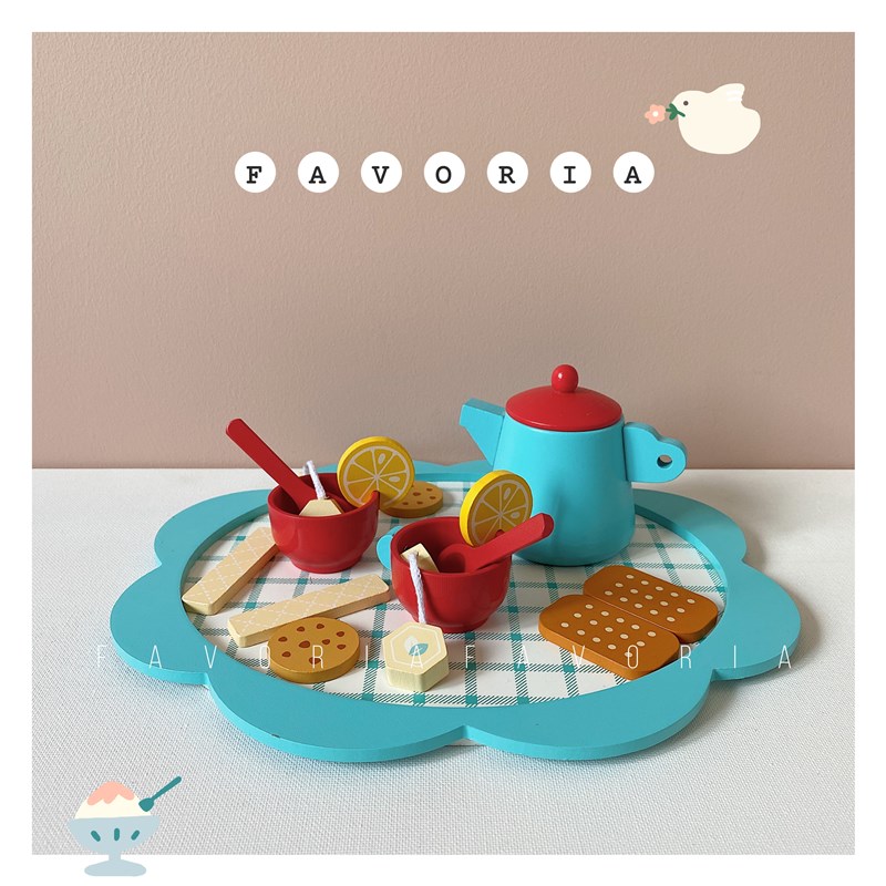 Favoria可爱蓝色下午茶玩具套装儿童厨房过家家茶具木质茶壶茶杯