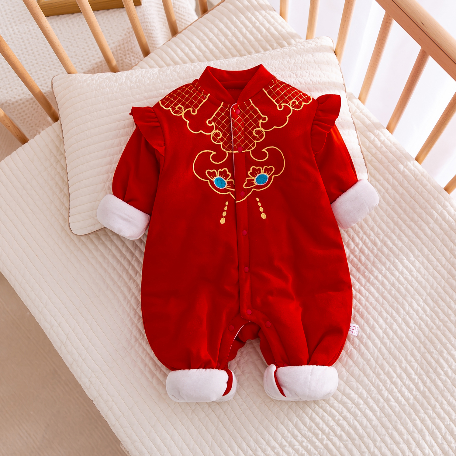 婴儿拜年服秋冬新款连体衣女宝宝夹棉新年装过年喜庆大红色中国风