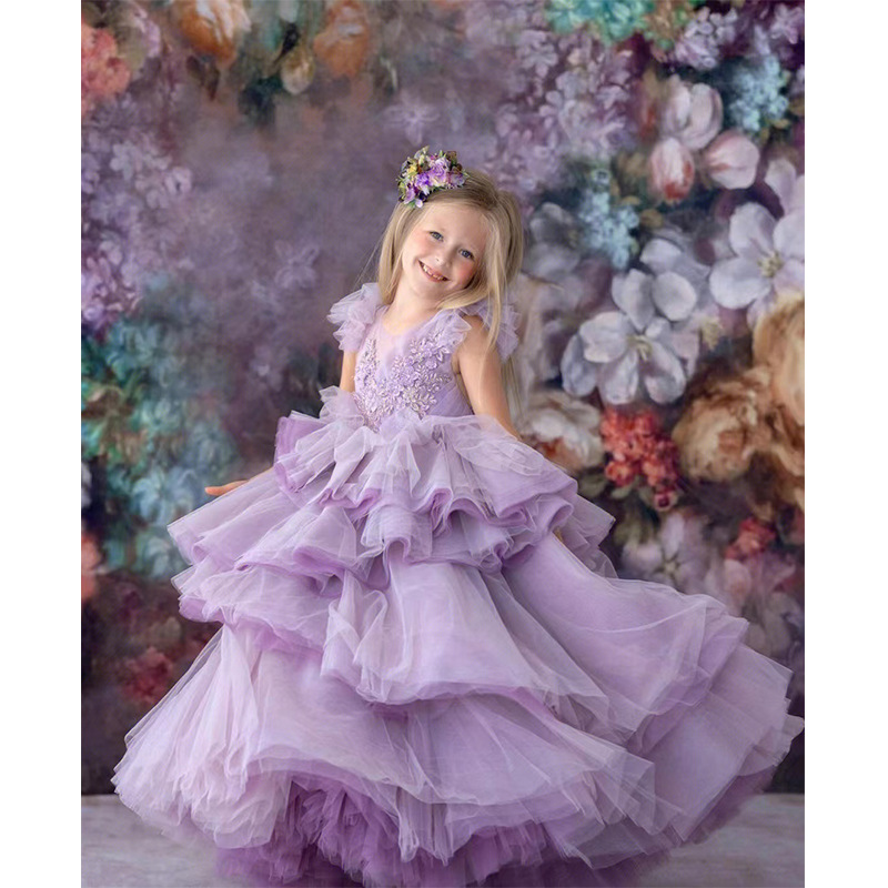 2023夏季儿童礼服公主裙女童紫色钢琴演出服主持人气质走秀晚礼服