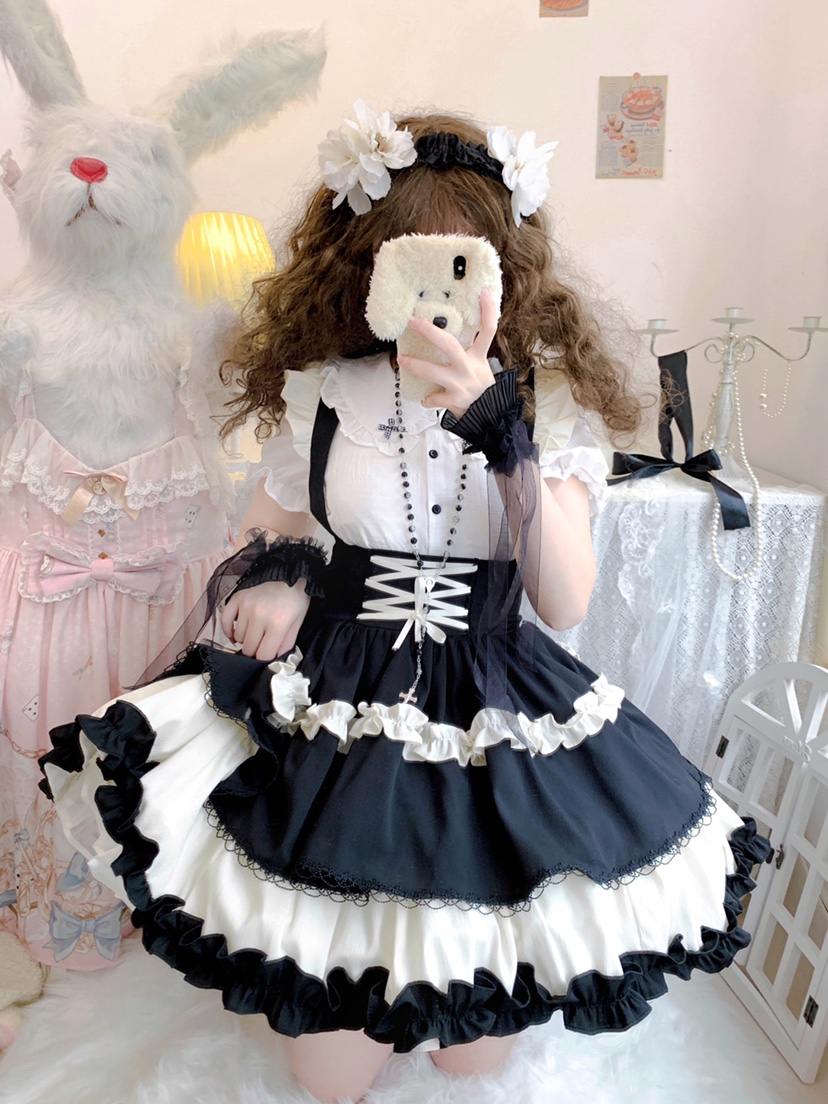 【波板糖】可爱狗短SK小偶像lolita背带裙娃娃领衬衫半身裙全款