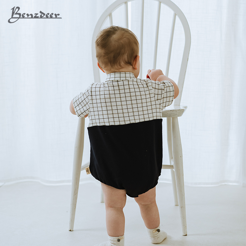 benzdeer韩国24夏男宝婴儿童连体衣格子背带生日百岁周岁礼服爬服