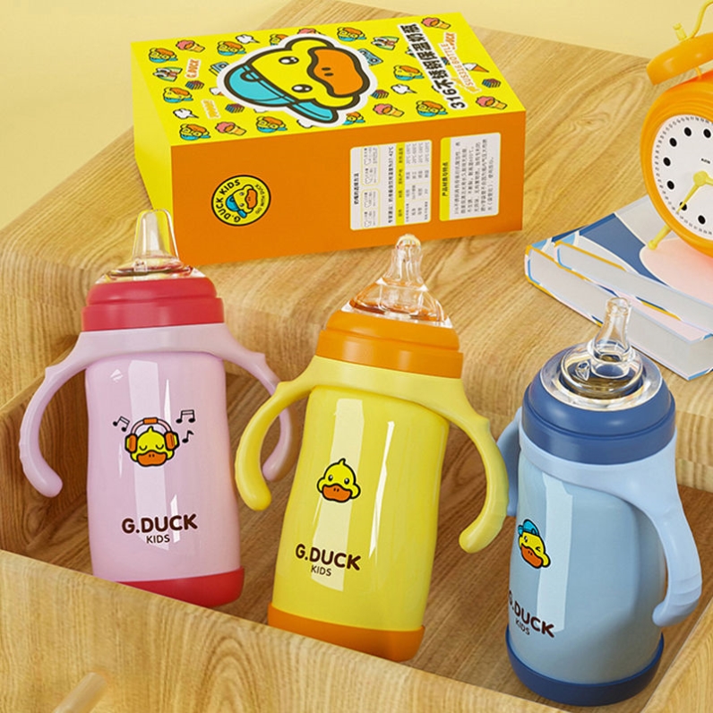 新疆包邮婴儿保温奶瓶宝宝0-1-3岁儿童保温杯小黄鸭奶瓶防摔两用
