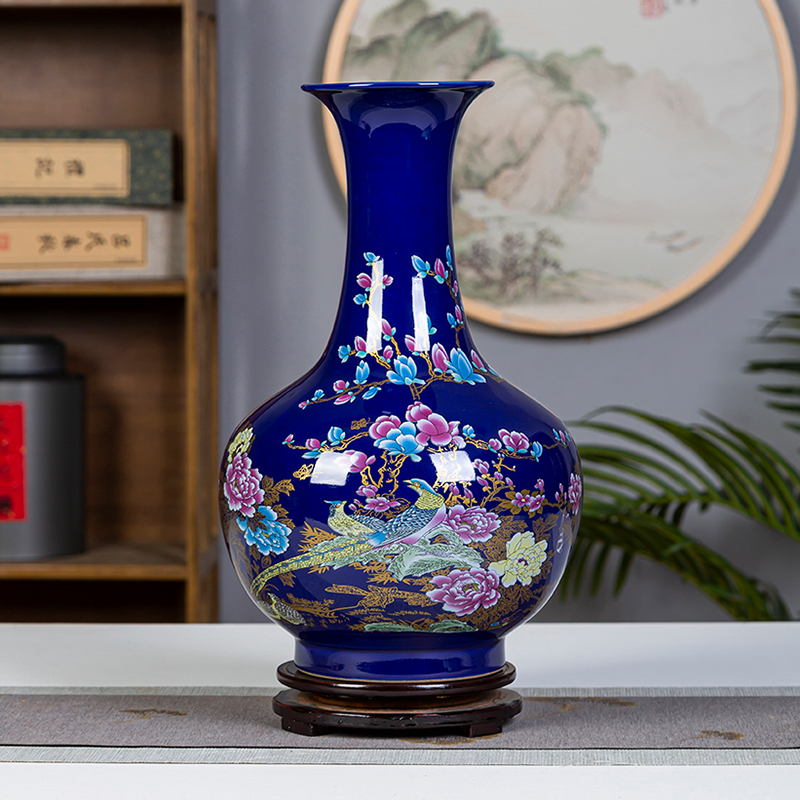 景德镇陶瓷器蓝色花瓶子瓷瓶中式家居饰品客厅插花电视柜装饰摆件