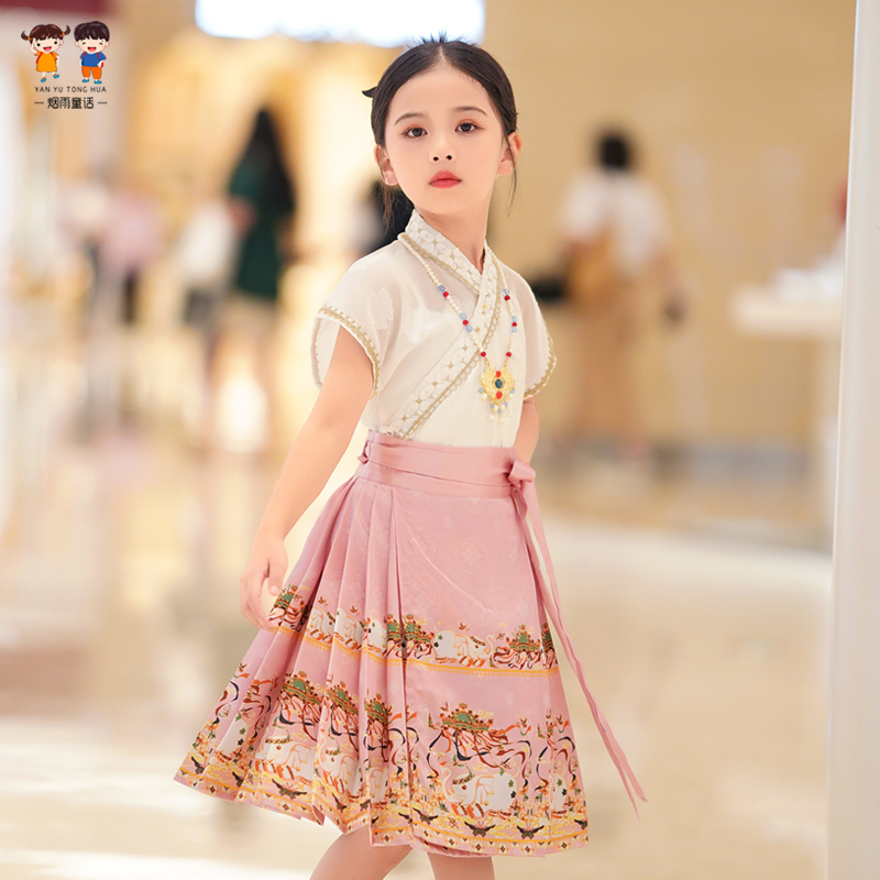 马面裙儿童粉色短款夏改良汉服新中式唐装中国风旅游拍照摄影日常