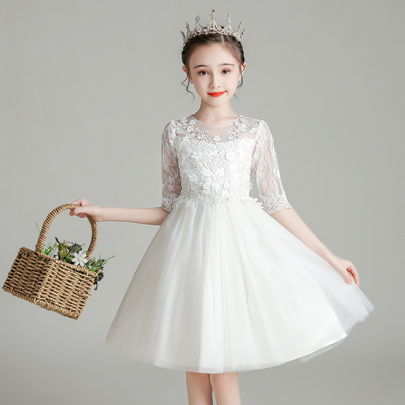 花童公主裙小主持人礼服女童高端婚礼轻奢儿童白色纱裙钢琴演出服
