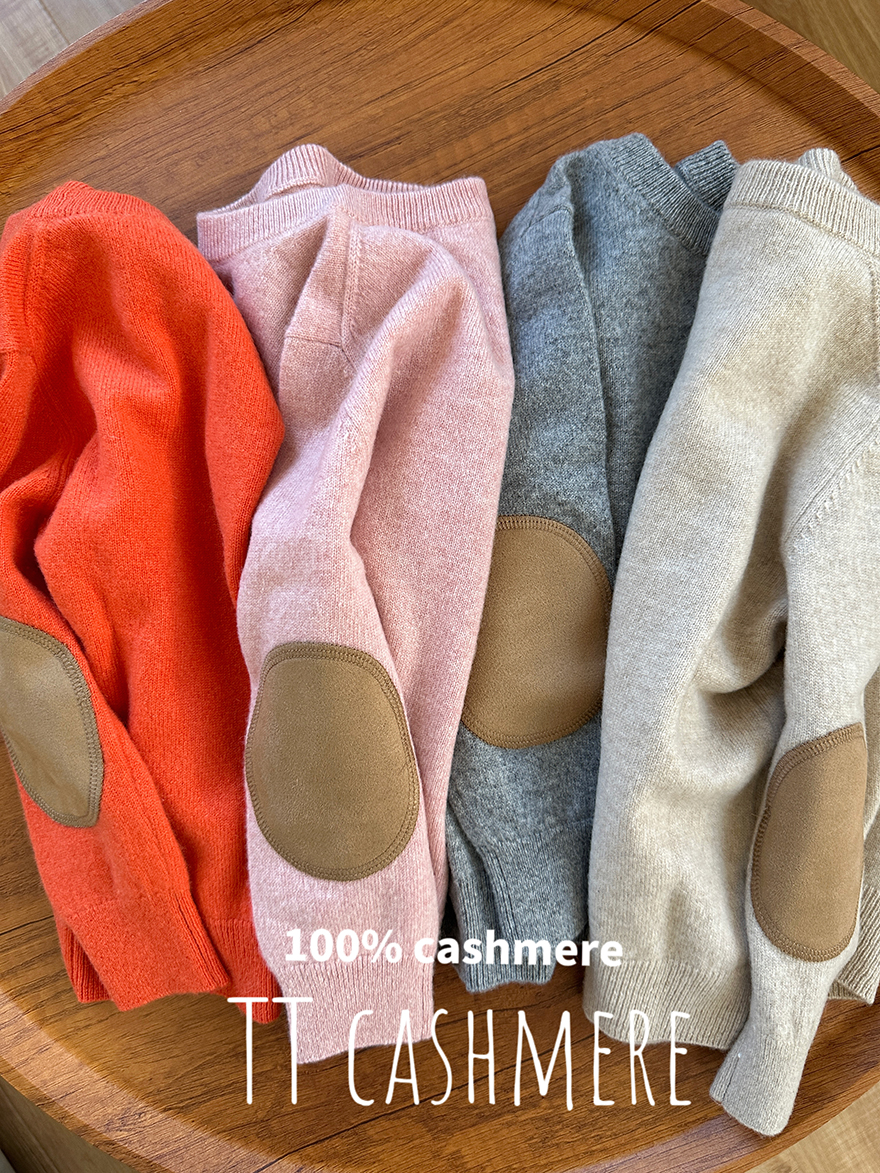 TT cashmere 100%秋冬新款儿童羊绒衫套头圆领肘贴针织宝宝毛衣