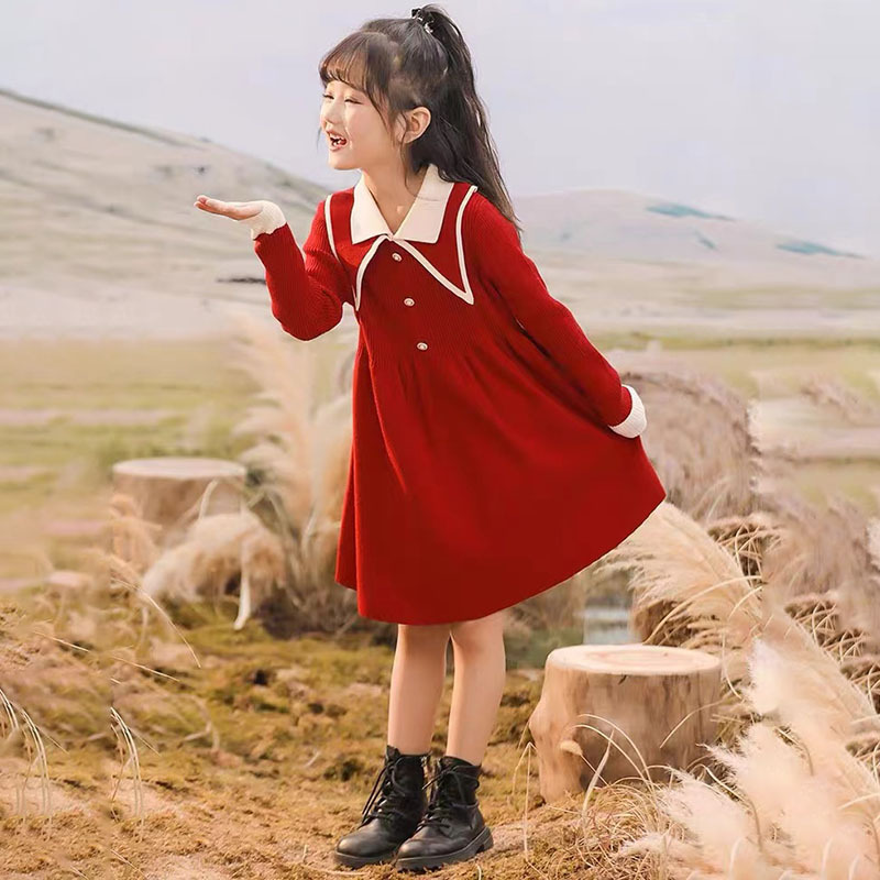 连衣裙秋童裙冬时髦韩版大童裙儿童翻领洋气大子红色新款女童毛衣