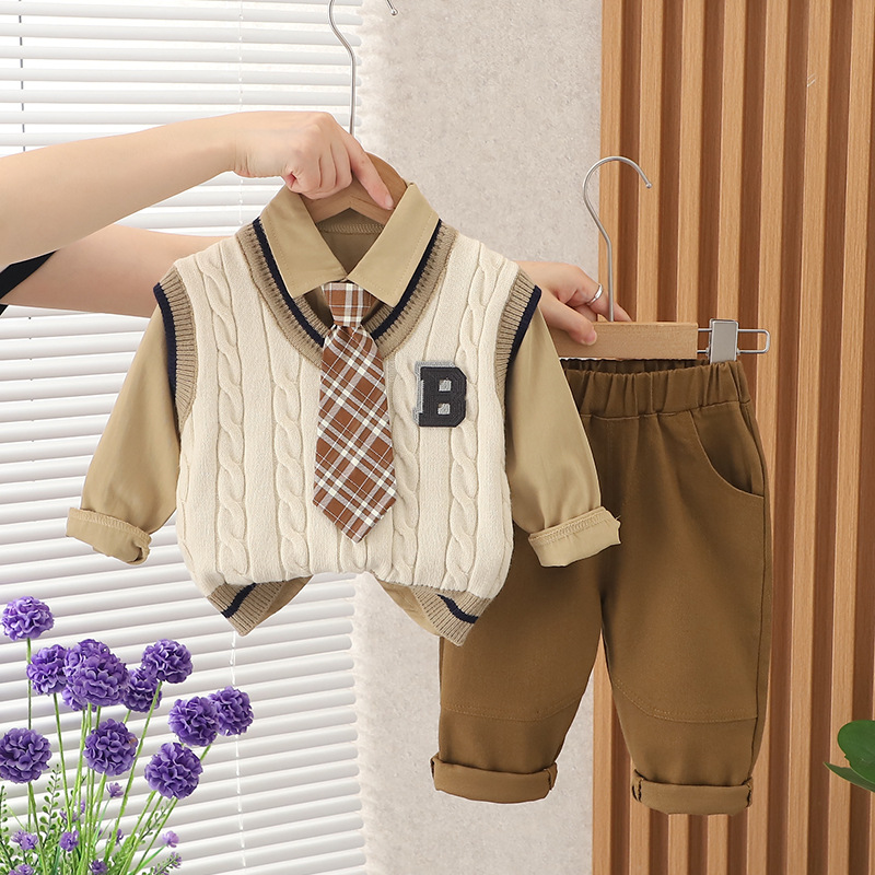男童秋装套装领带B字毛衣三件套2023新款1一2-4岁儿童装休闲时髦