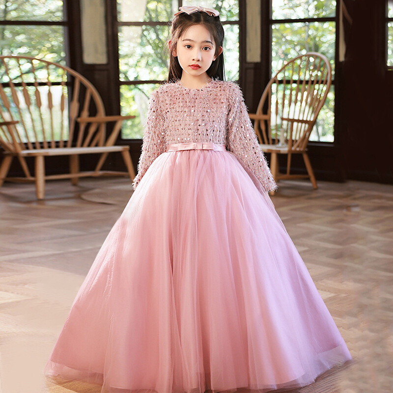 粉色儿童礼服公主裙2024新款生日长袖小主持人钢琴演奏气质演出春
