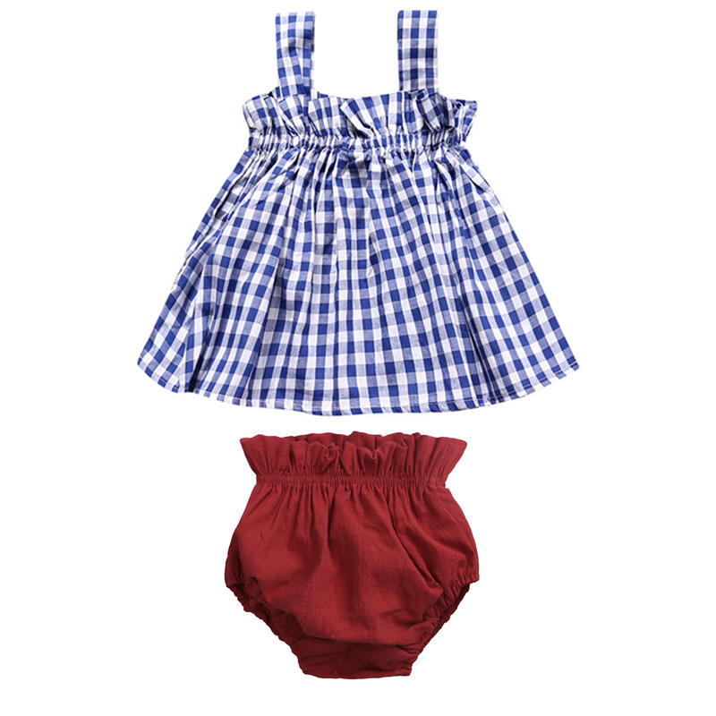 ins夏季女童套装 女宝宝格子吊带短裤套装 2022W儿童服装两件套