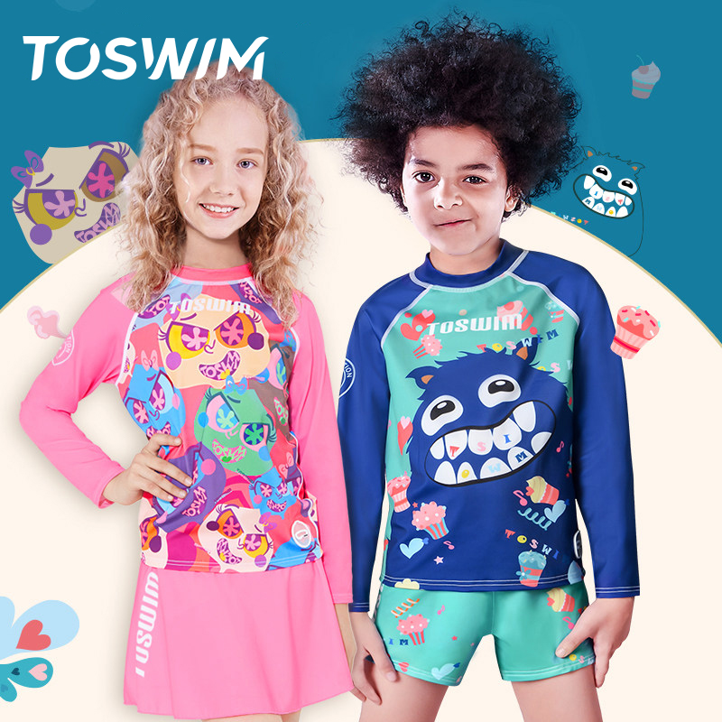 TOSWIM儿童防晒泳衣中大童女童男童长袖两件式游泳衣婴儿泳衣泳裤