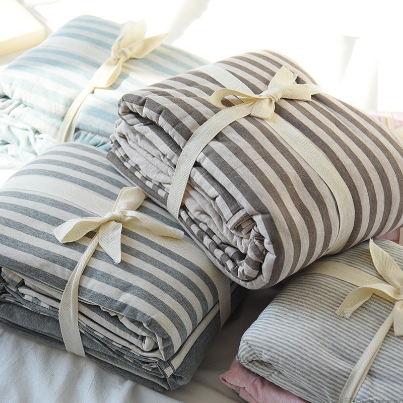针织天竺棉四件套 条纹 纯棉床笠被套枕套 简约舒适床品 四季可用
