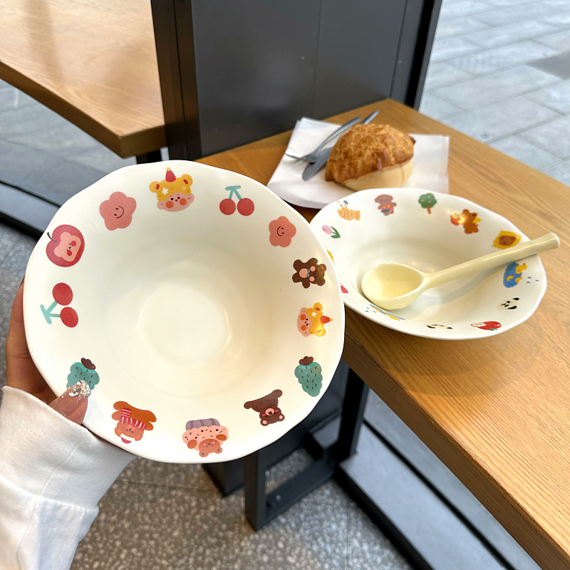 韩国ins风可爱卡通童趣熊陶瓷圆形早餐深汤盘意面盘大容量耐高温
