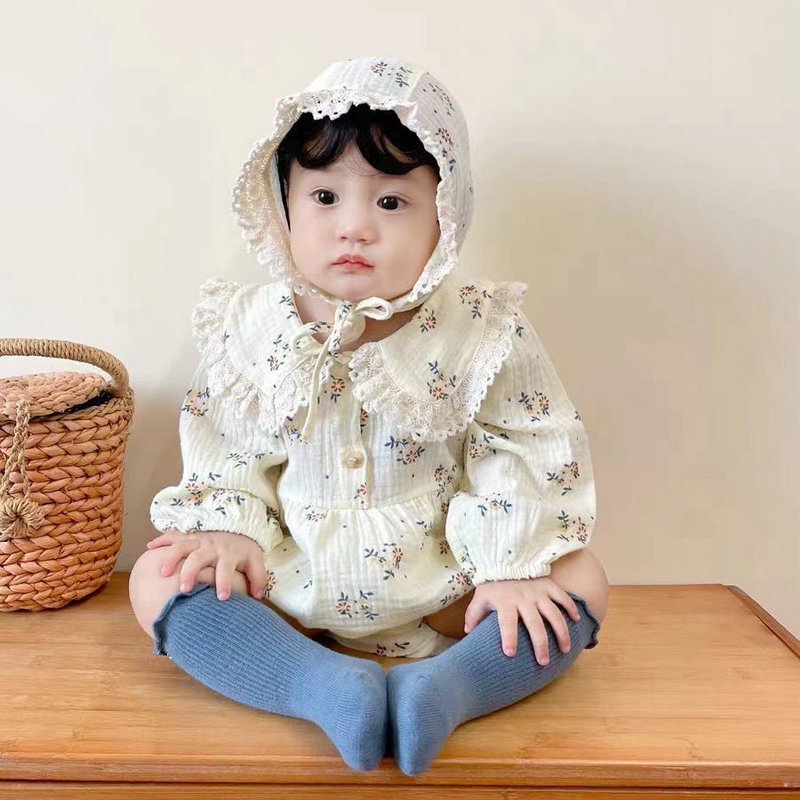 2024韩国婴儿衣服夏秋装女宝宝碎花包屁衣长袖三角哈衣外出爬爬服