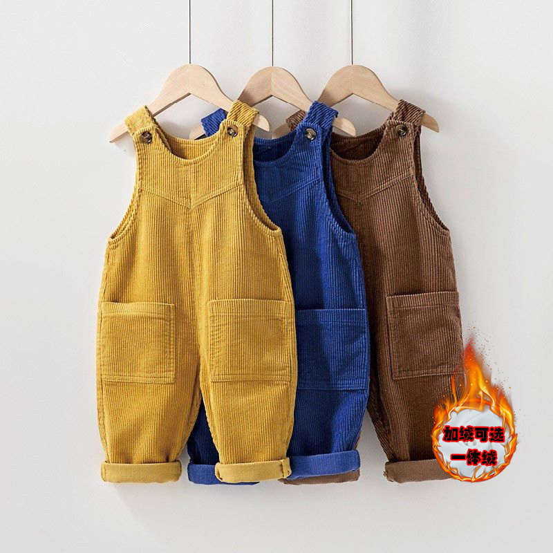 婴儿灯芯绒加绒背带裤1-3-6岁男女儿童宝宝一体绒背心式连体衣服