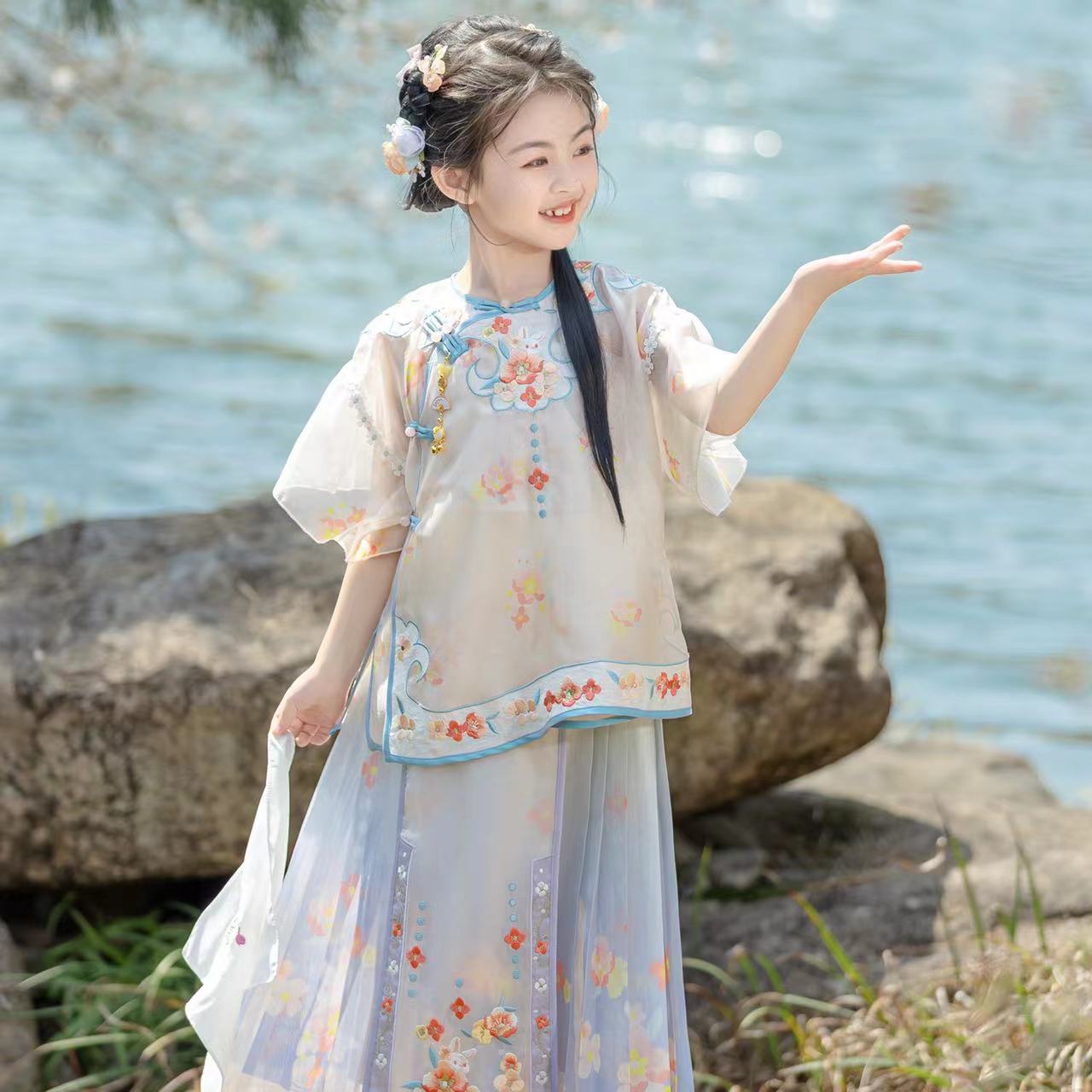 伊娃布衣高端原创汉服女童夏款新中式国风短袖小女孩超仙古风套装