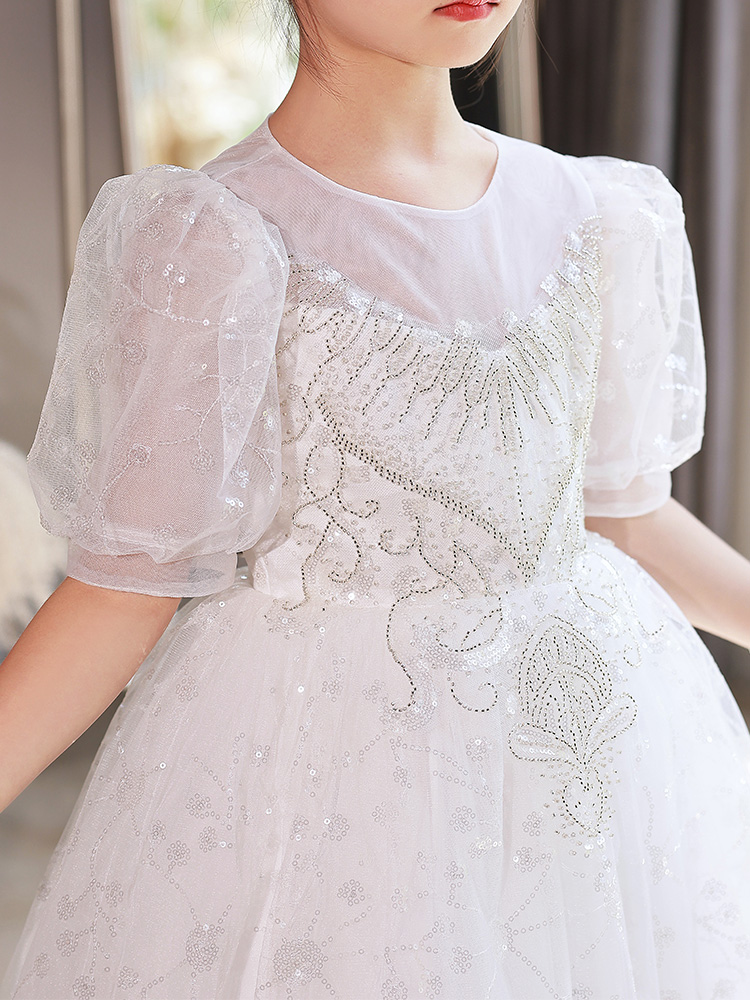 女童公主裙2023新款钢琴演出服白色主持人儿童礼服花童婚纱裙生日