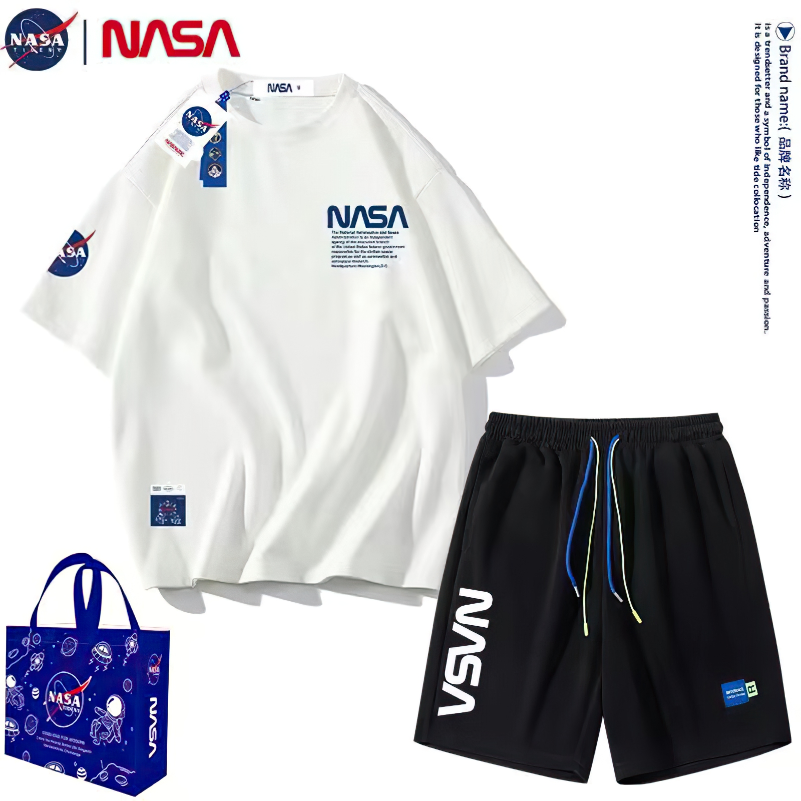 NASA青少年纯棉t恤短袖夏季男装套装短裤半袖男宽松运动两件套潮