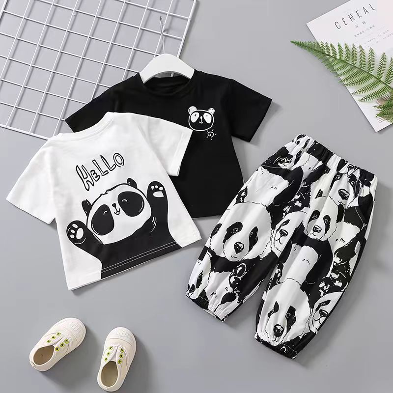 宝宝夏装韩版洋气短袖两件套卡通熊猫婴儿衣服分体套装夏季薄款潮
