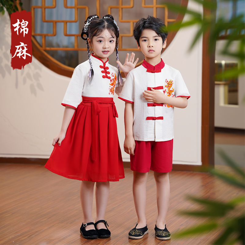 六一儿童汉服中国风合唱演出服女童短袖唐装幼儿园诗歌朗读国学服