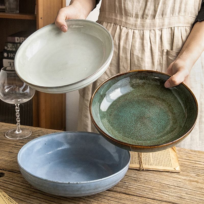 创意陶瓷日式复古8.5英寸绿色窑变螺纹深盘菜盘厚实菜碗深盘大碗