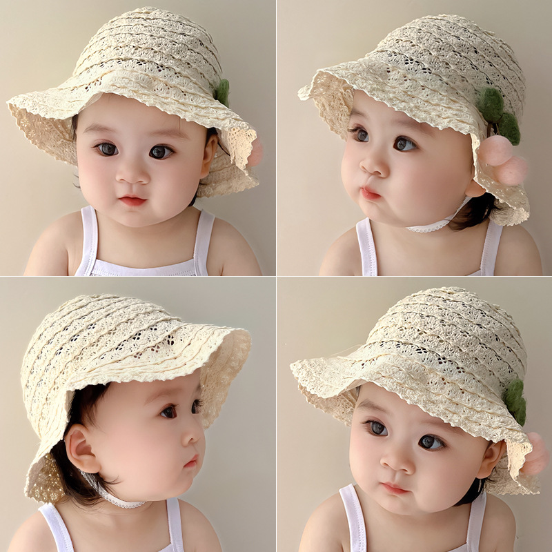 婴儿帽子夏季新款女童樱桃新生宝宝公主盆帽外出遮阳防晒渔夫帽