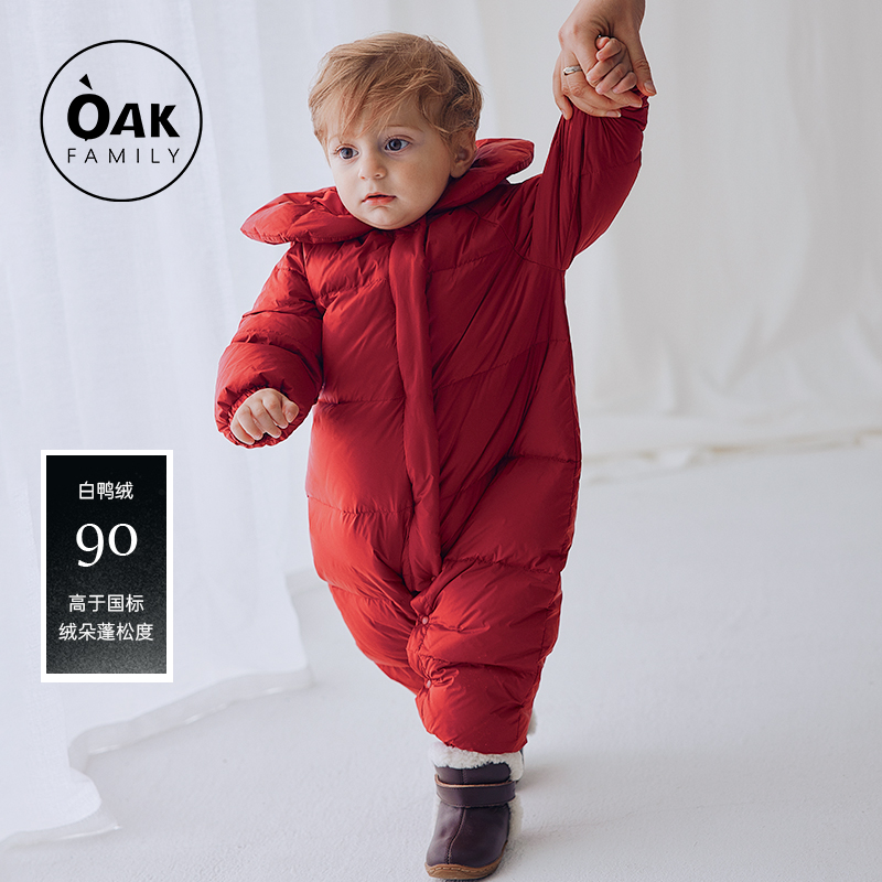 Oak Family红色婴儿冬季连体羽绒服新年宝宝外出加厚羽绒拜年爬服