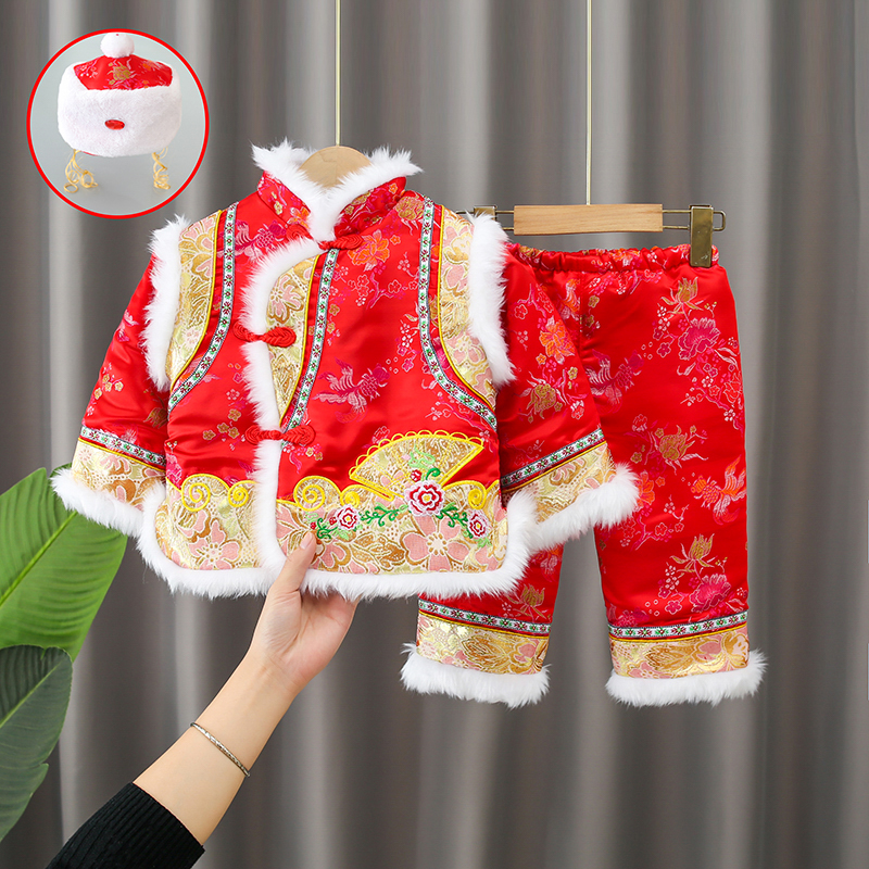 婴儿唐装女宝宝新年过年加厚冬季幼儿童红色衣服百岁周岁拜年礼服