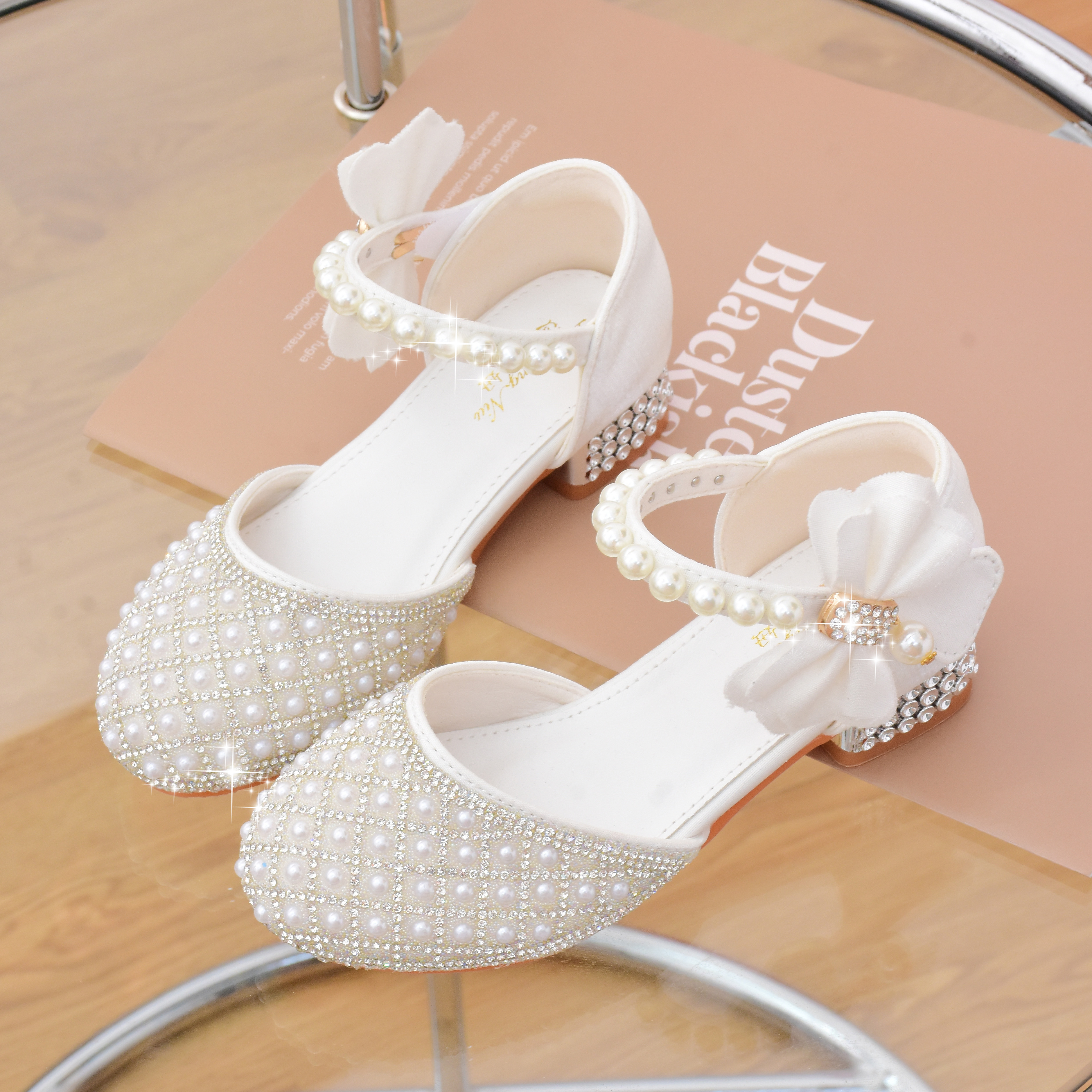 公主鞋女童水晶白色高跟鞋礼服夏季花童鞋儿童模特走秀比赛演出鞋