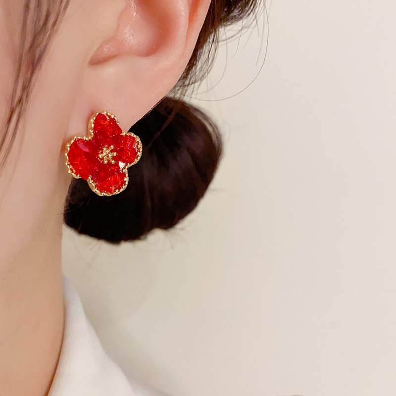 新年款精致气质高级感红色水晶花朵耳钉s925银针时尚甜美喜庆耳环