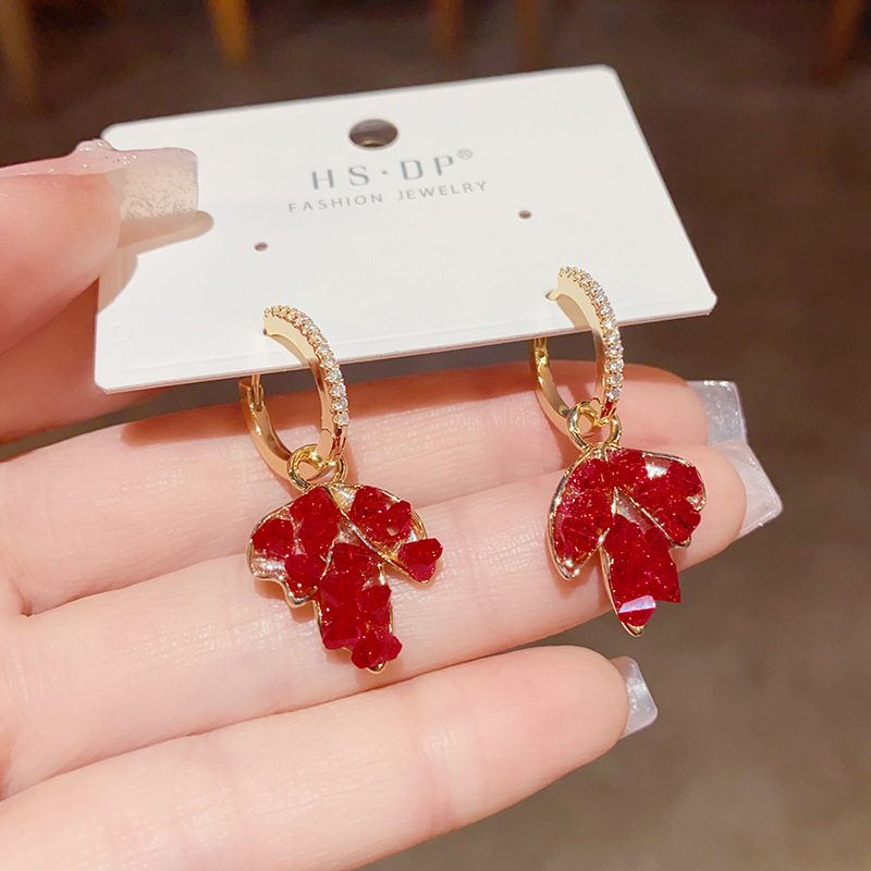 优雅轻奢超闪喜庆红色水晶叶子两戴款耳扣耳圈高级感小众设计耳环