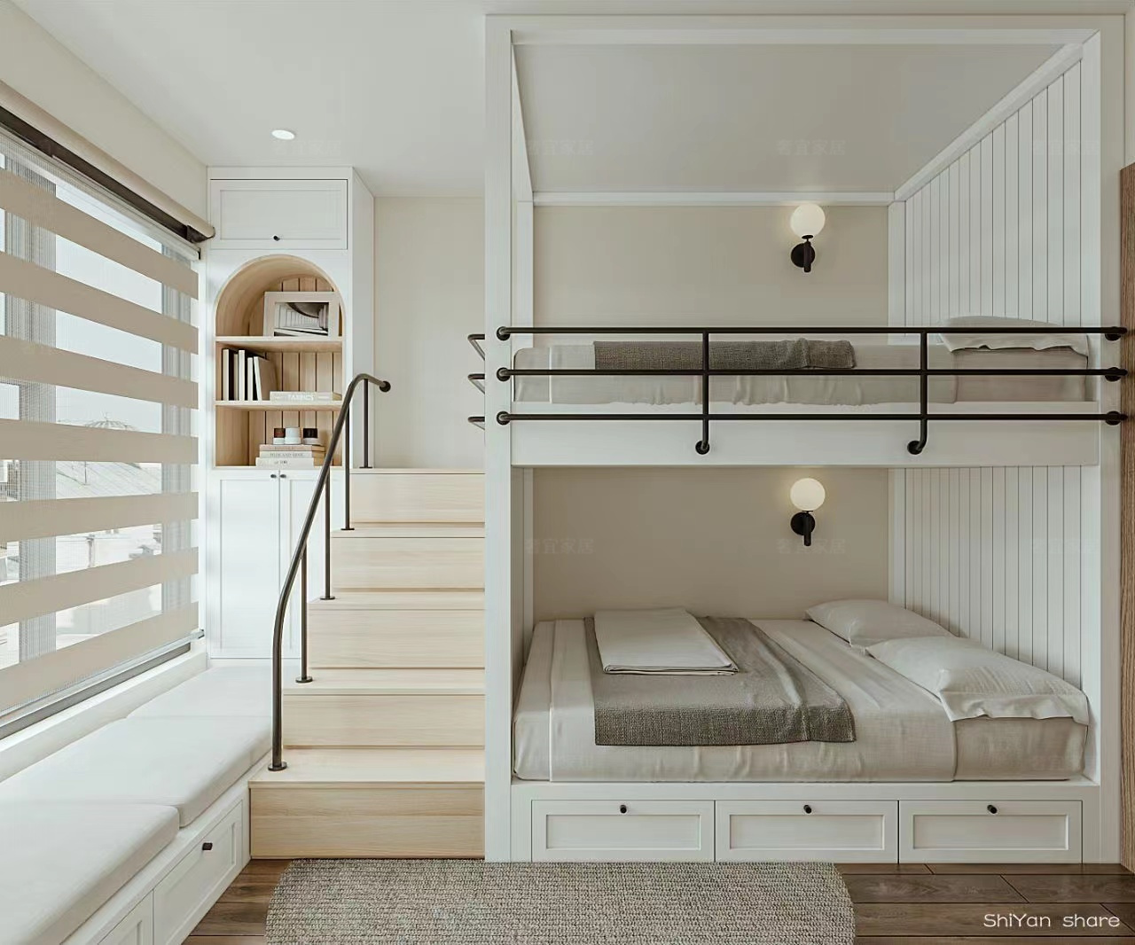 创意高低床白色双层儿童床上下铺全实木床美式小户型多功能床定制