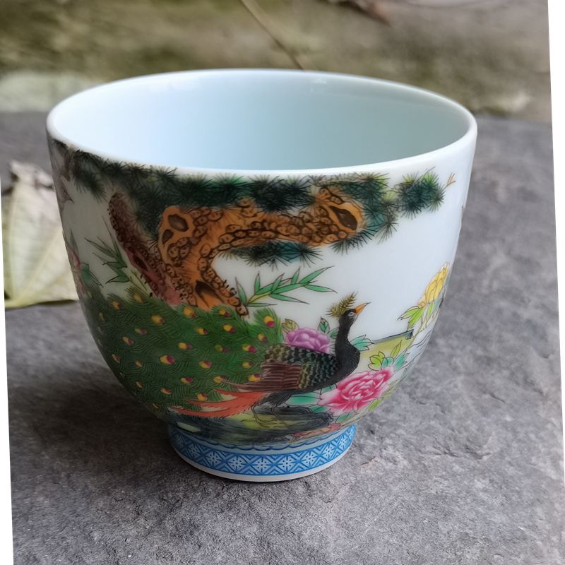 景德镇陶瓷茶杯主人杯手绘粉彩动物孔雀小茶杯