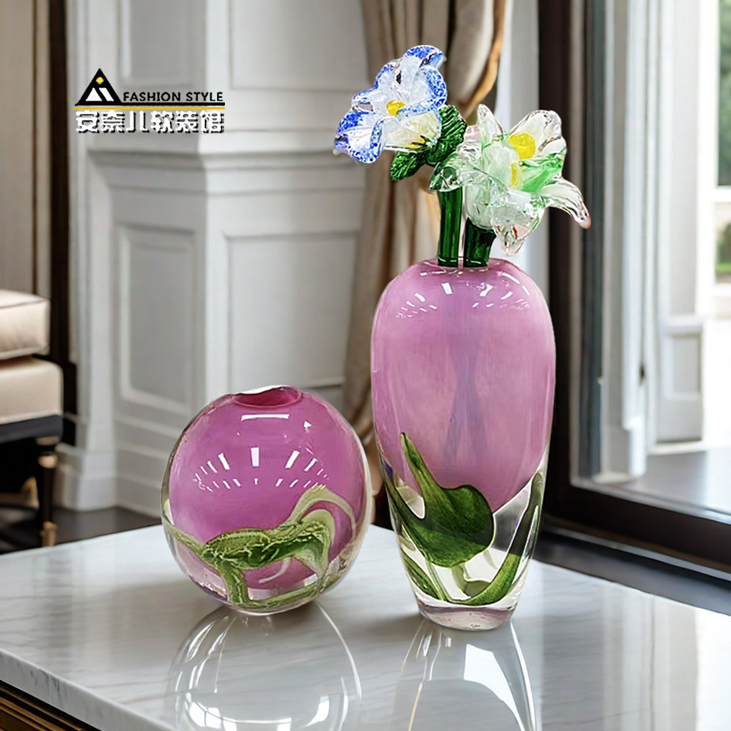 粉色琉璃花瓶加厚水培绿植插花器欧式家居客厅样板间桌面装饰摆件