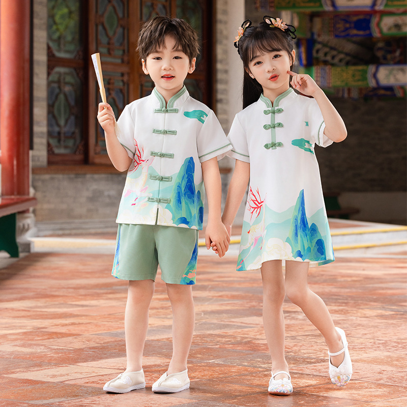 汉服女童中式国风唐装表演服夏季男童古风民族服装六一儿童演出服
