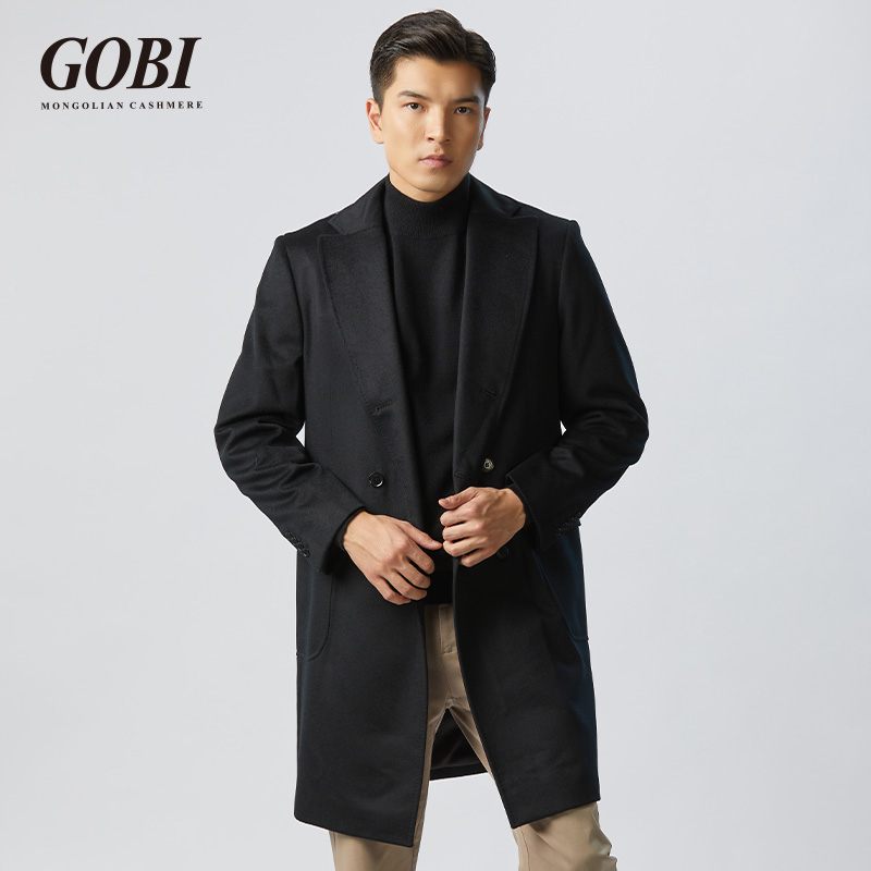 Gobi戈壁羊绒长款男士春秋季时尚毛呢商务西装领大衣外套