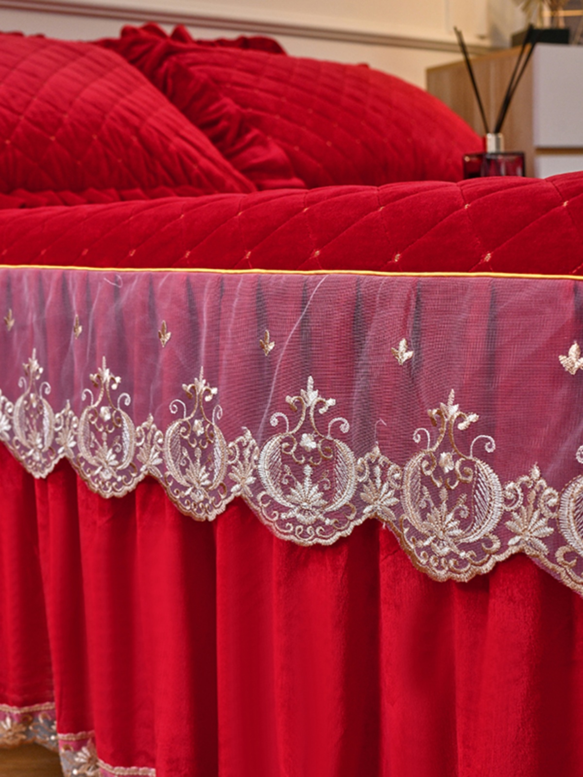 红色结婚被套床上用品四件套高档欧式床罩床裙款冬天婴儿绒银狐绒
