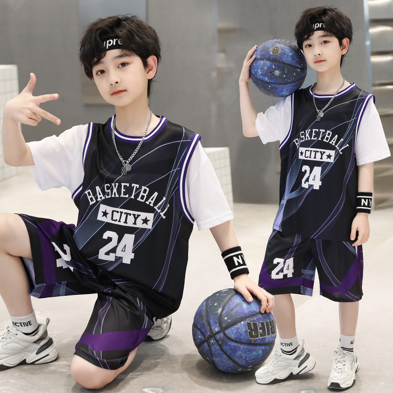 儿童篮球服24号科比中大童速干短袖球衣男童假两件训练服洋气时尚