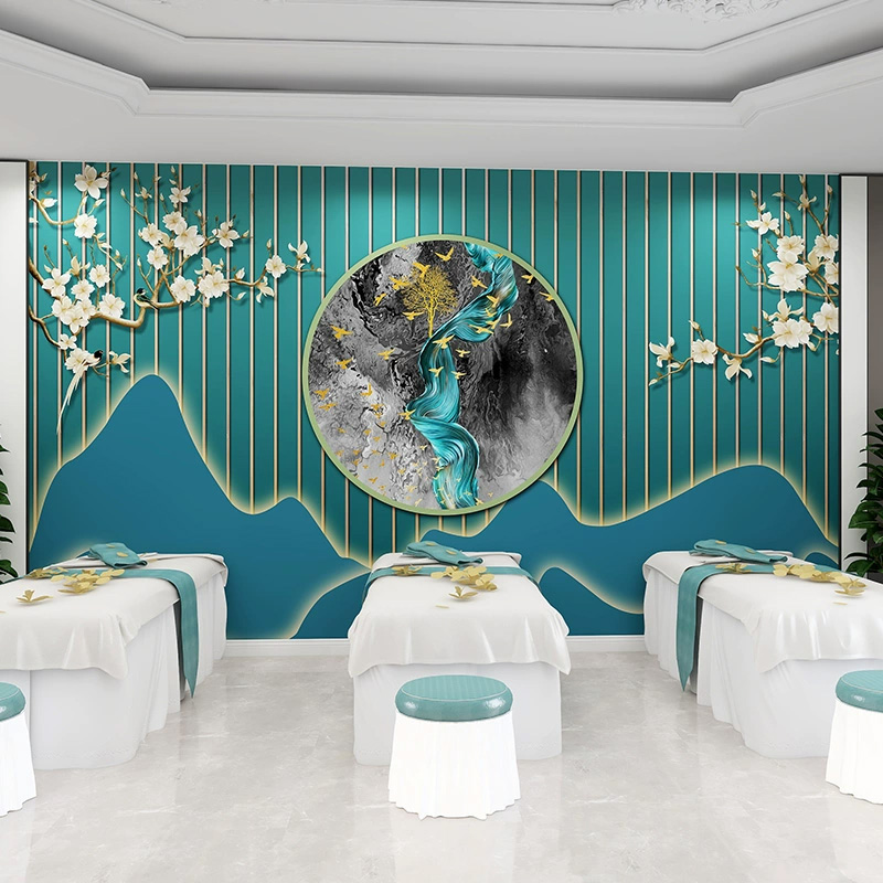新中式花鸟屏风壁画会所美容院足疗店壁纸背景墙3D立体养生馆墙纸