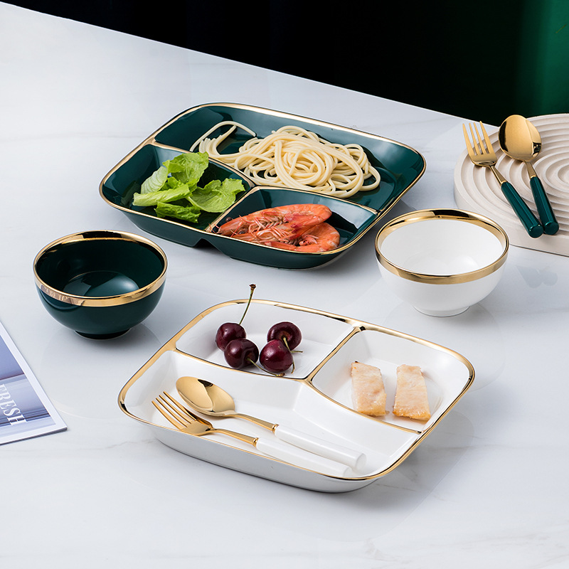 分格餐盘陶瓷家用分菜盘一人食减脂分隔盘分餐制月子餐餐具套装
