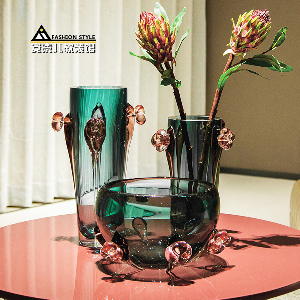 立体雕花水晶琉璃花瓶果盘高级湖绿色加厚花器欧式家居样板间摆件