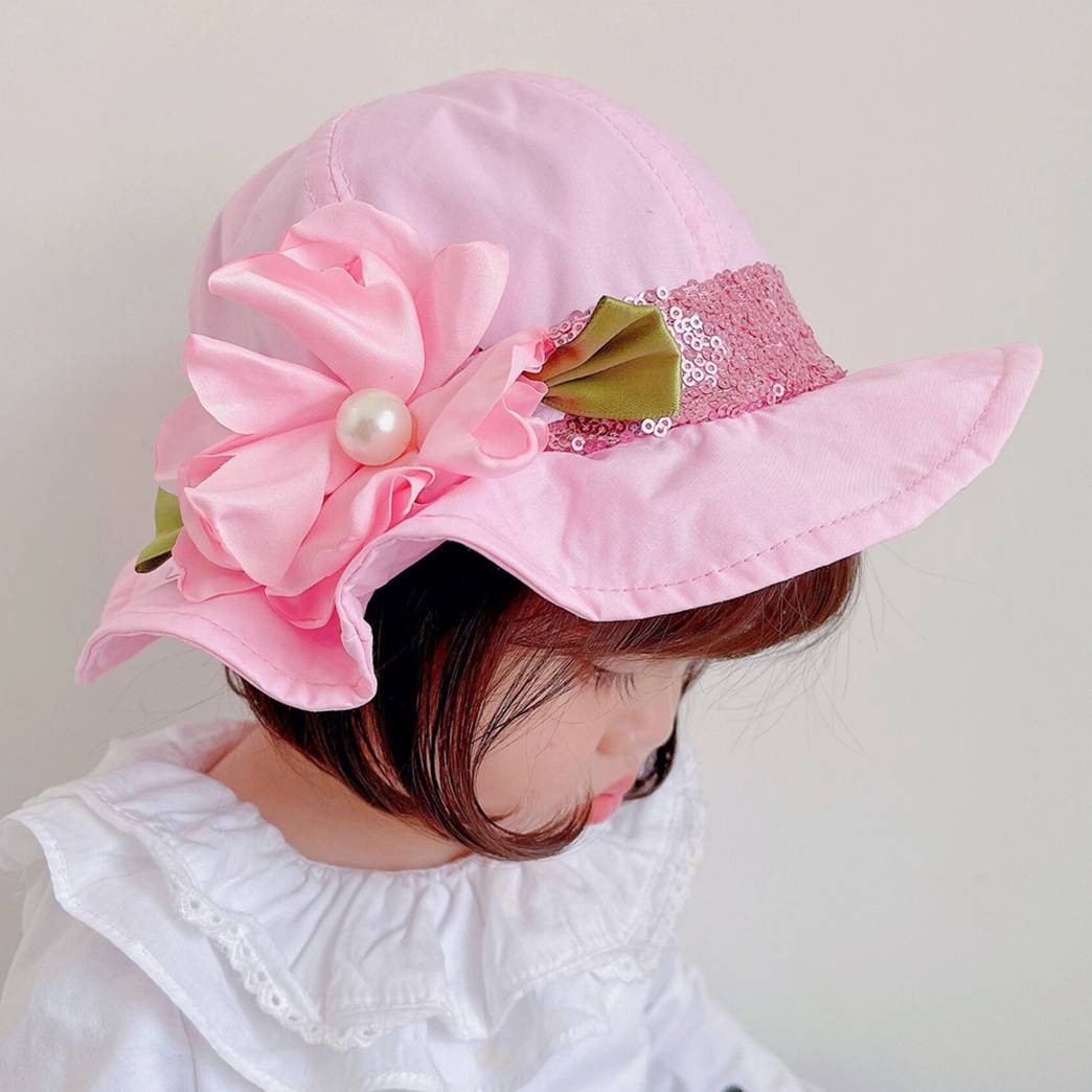 婴儿帽子女宝宝春夏薄款纯棉亮片花朵渔夫帽公主可爱女童遮阳盆帽