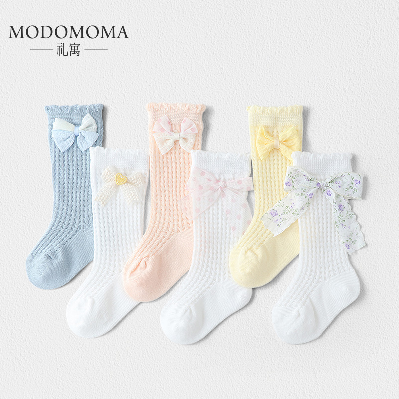 婴儿袜子夏季宝宝弹力中筒袜女童镂空袜防蚊袜蝴蝶结透气儿童袜子